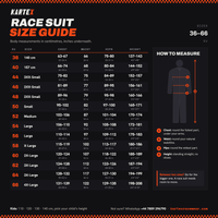 KarTex race suit size guide: EU sizes 36 to 66 with chest, waist, hips and height in cm and inches